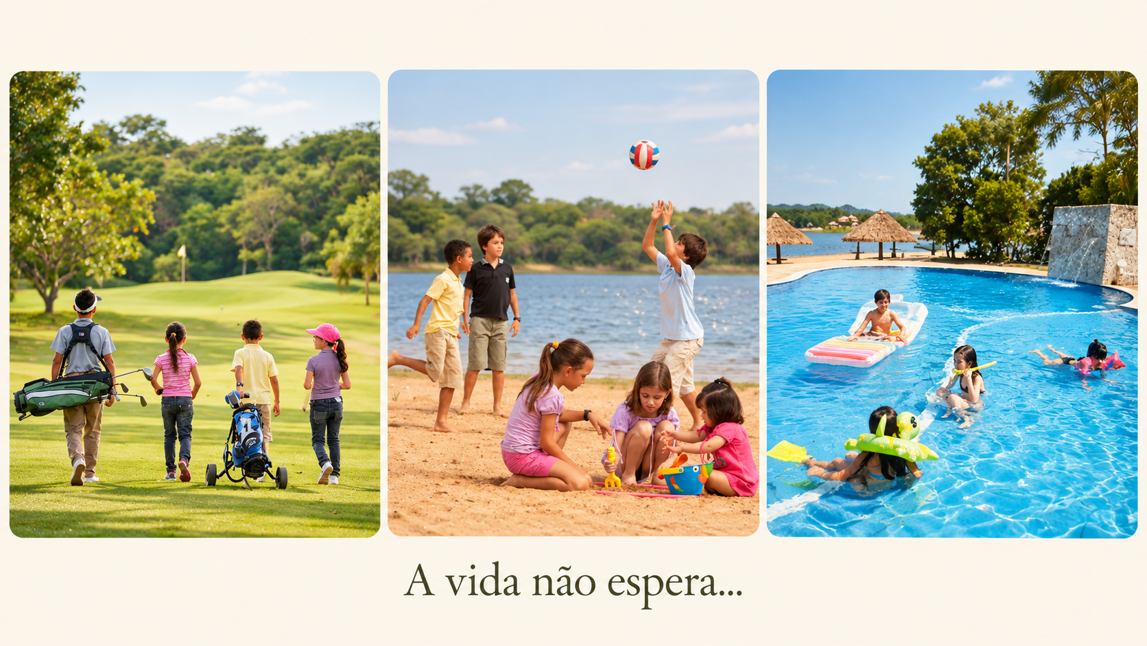 Crianças na piscina, na praia e no campo de golfe do Terra Selvagem